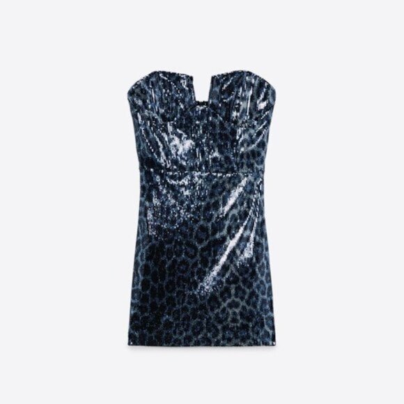 NWT Zara blue, silver & black sequin short mini corset style holiday dress, M - Picture 3 of 8